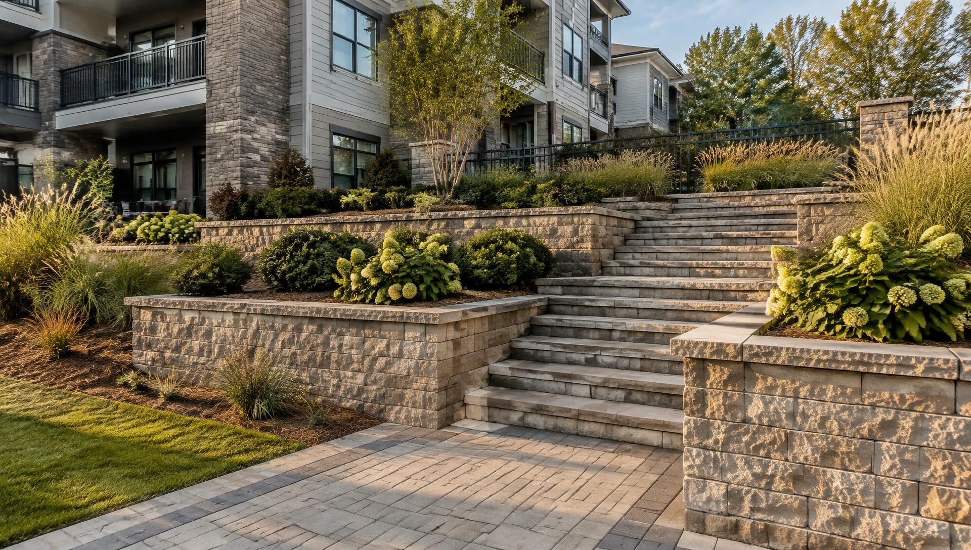 Paver walkway leading to stone steps between terraced block walls