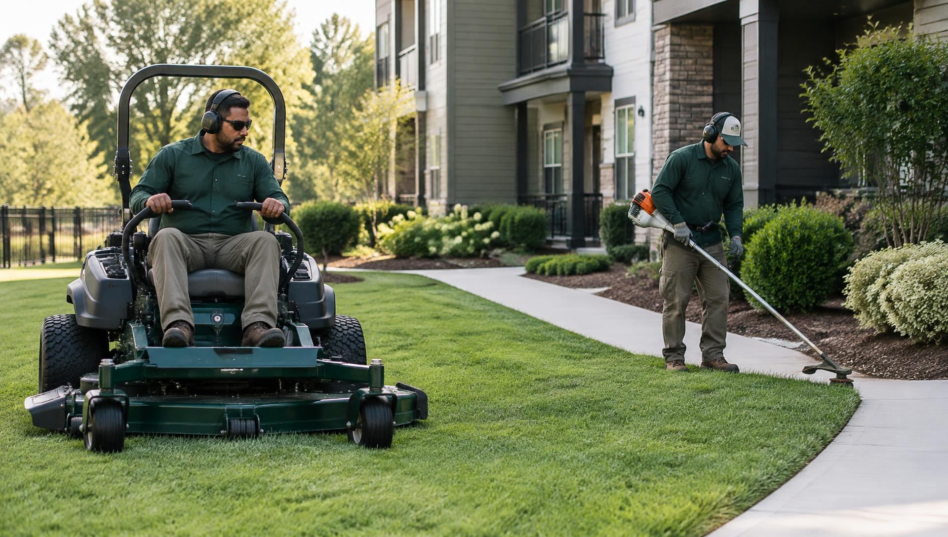 Commercial crew mowing and edging at an apartment community