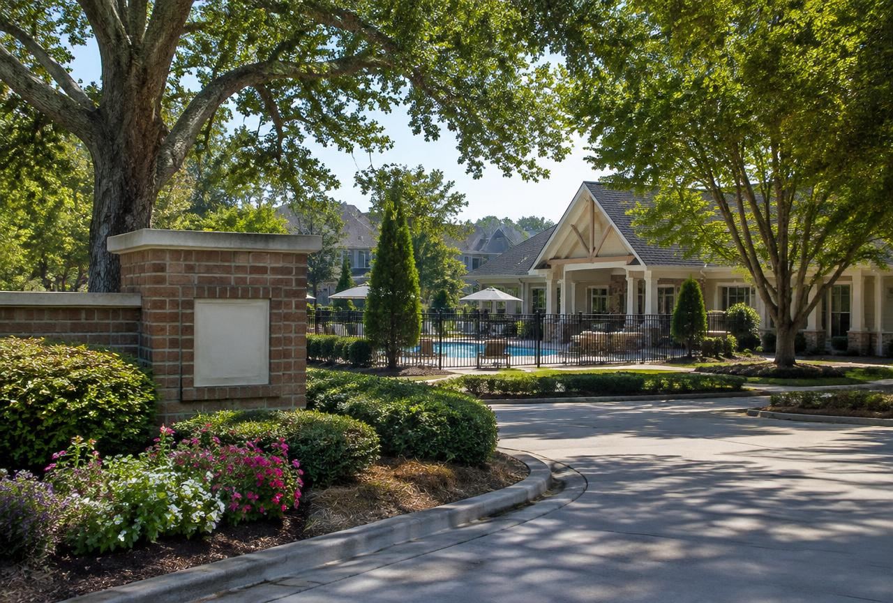 HOA community clubhouse and pool area with manicured landscaping