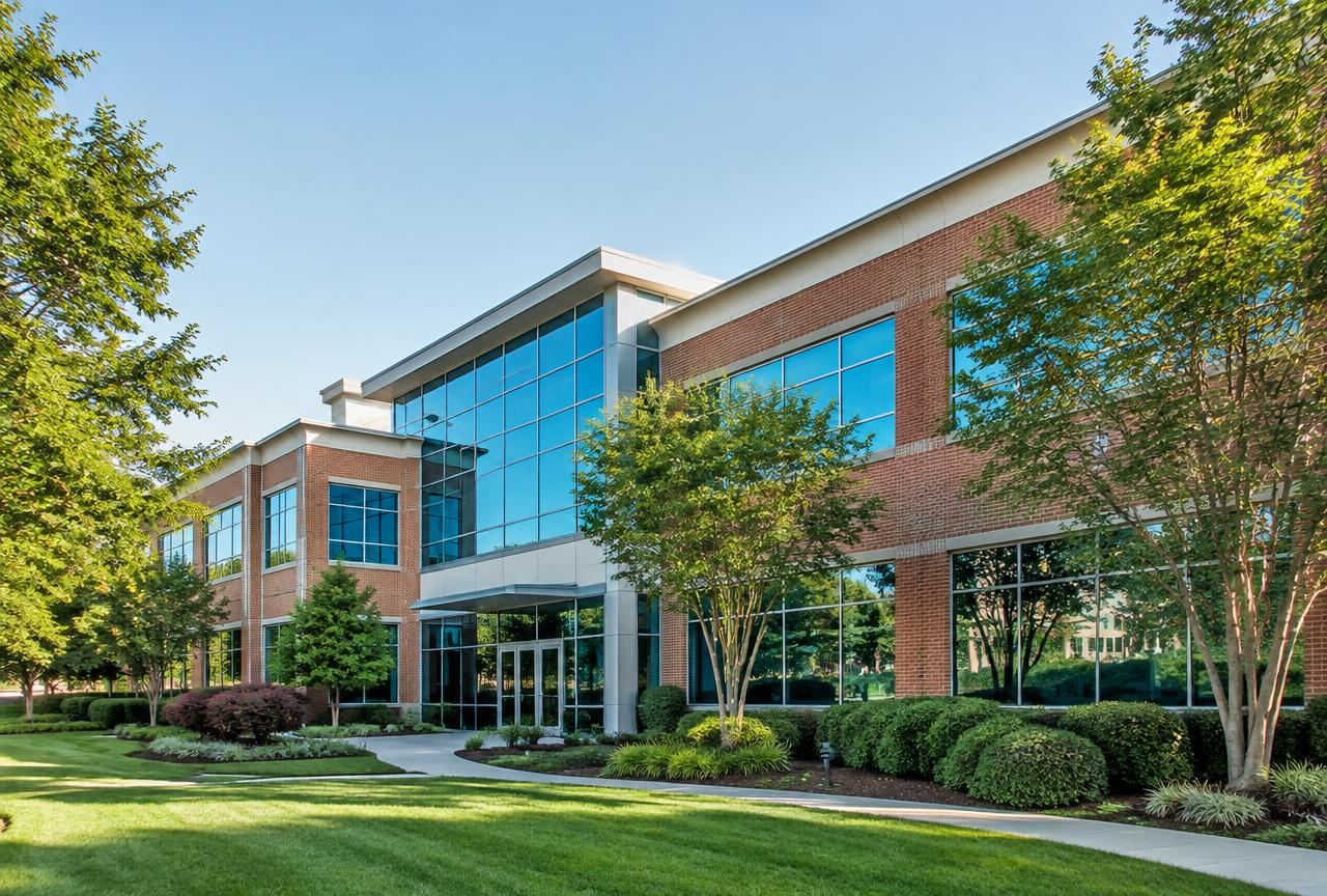 Suburban office building with landscaped entrance and lawn