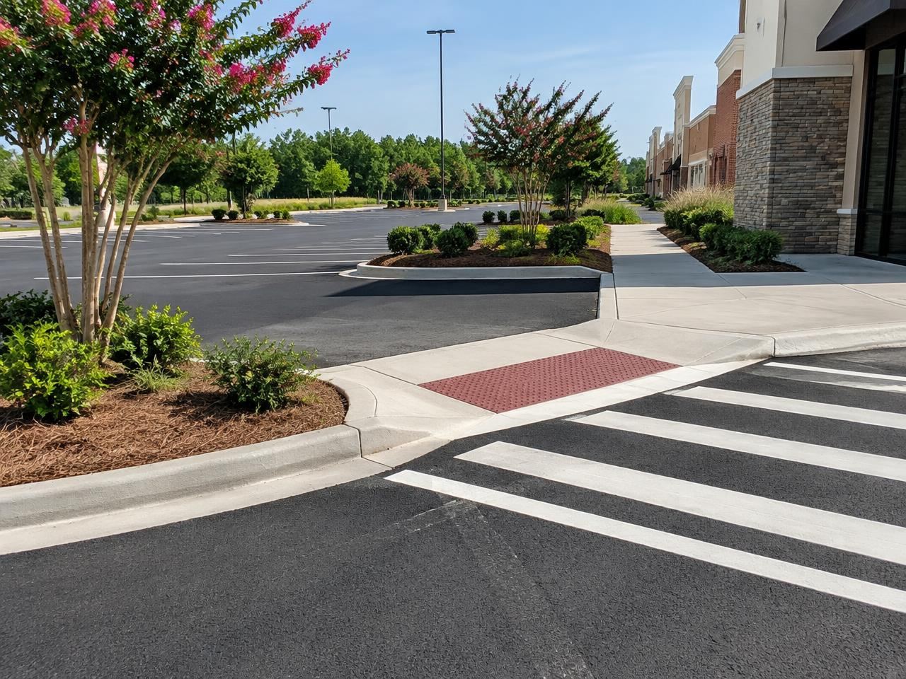 New concrete curb, gutter and accessible ramp at a retail center crosswalk