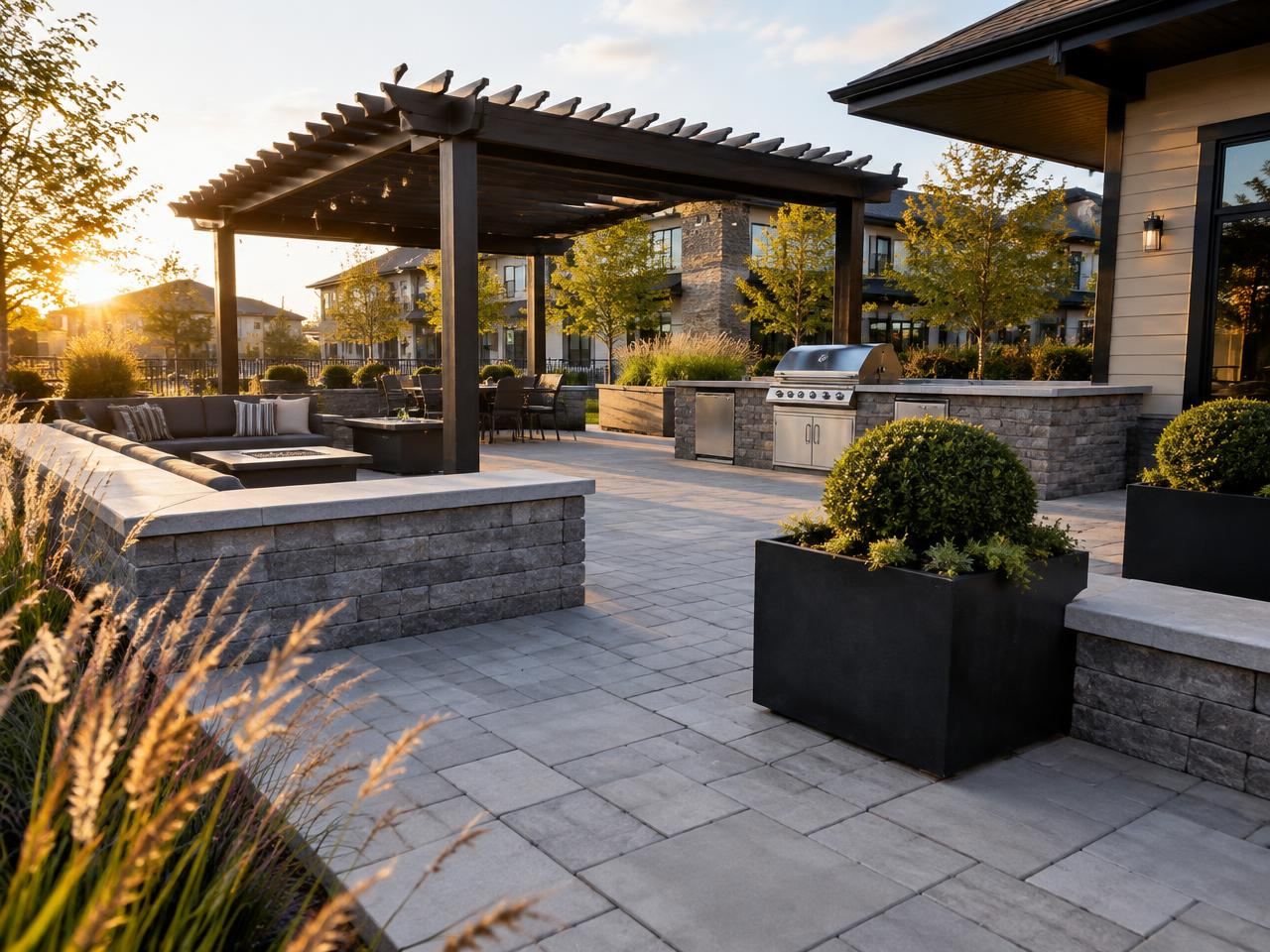Paver amenity patio with seat walls, pergola and outdoor kitchen at an apartment clubhouse
